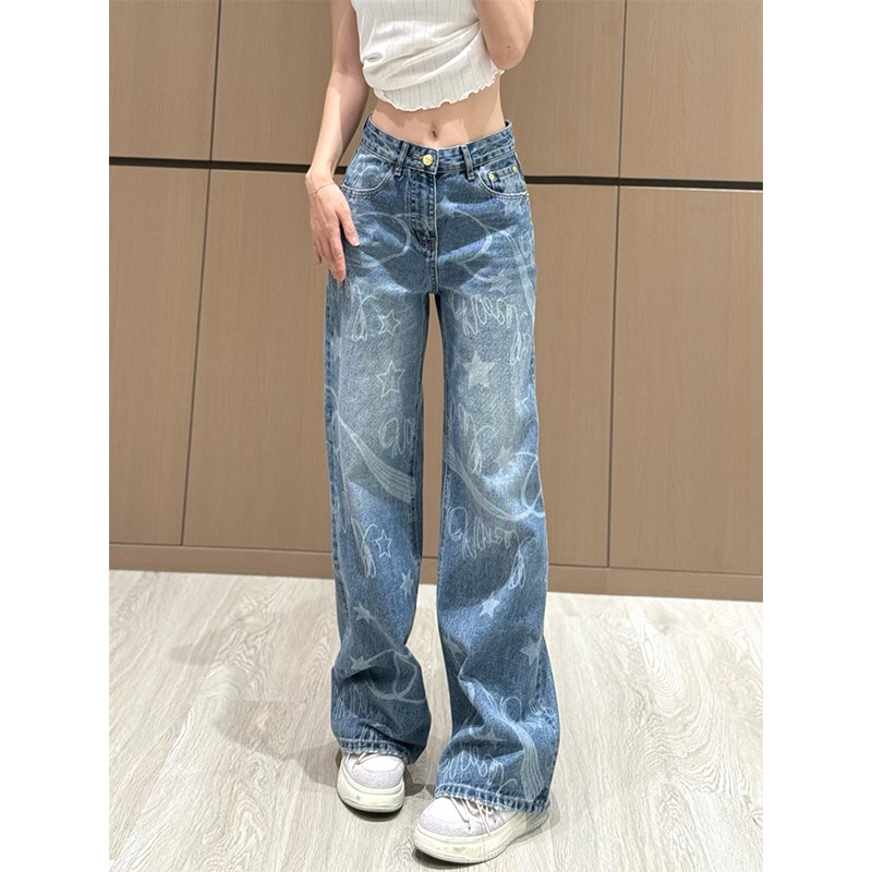 Anran kiss高级感涂鸦蓝色牛仔裤女2025秋季新款高腰直筒阔腿长裤