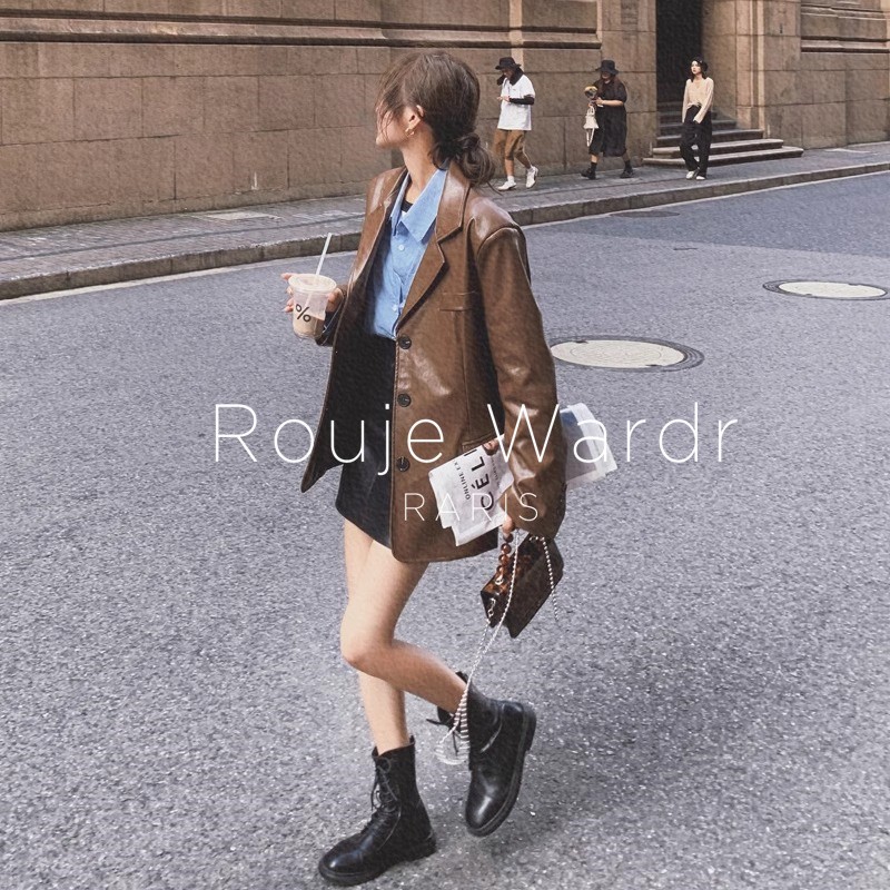 Rouje Wardr法式英伦风小西服皮衣女秋冬高级感西装夹克外套上衣