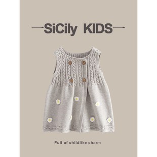 新款 女宝欧美风连衣裙春秋季 宝宝雏菊针织毛衣背心裙 Kids SiCily