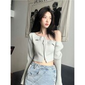 法式 不规则设计高级感休闲上衣 短款 Rixo Kelly早秋一字肩纯色开衫