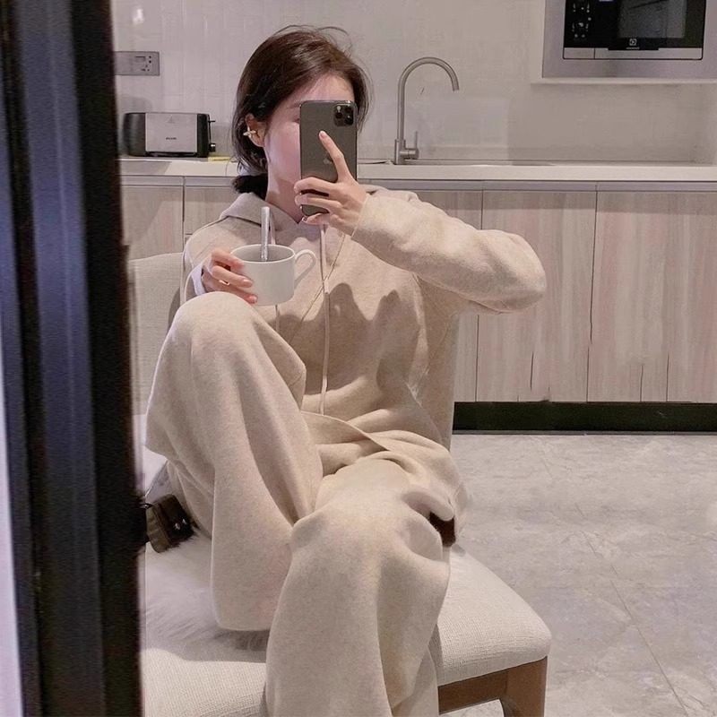 欧洲站秋季新款时尚休闲针织连帽卫衣阔腿长裤运动风两件套装女潮,女装/女士精品,时尚套装,淘宝优惠券,粉丝福利购,淘宝优惠卷