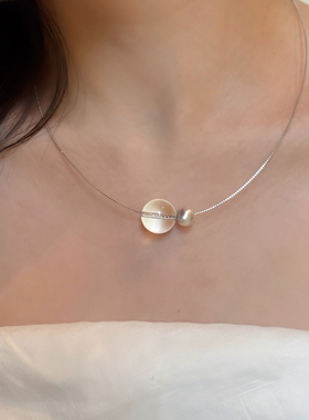 S925银天然白水晶项链拉丝猫眼转运珠小众简约高级感通勤风锁骨链