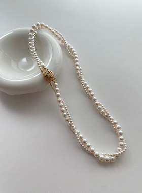 双层扭扭珍珠项链女S925银法式复古太阳花扣正圆强光双层锁骨链