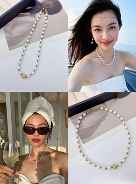 钟楚曦同款珍珠项链天然极光米珠度假复古风项链锁骨链