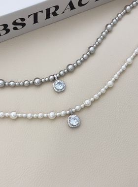 几朵家手作 精致闪钻小方糖灰珍珠项链S925银女高级感气质锁骨链