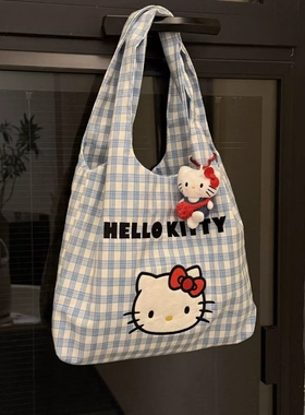 HelloKitty格子手提包包早春正流行大容量帆布包学生上班族托特包