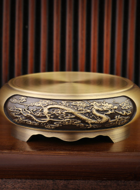 纯铜聚宝盆百福缸底座黄铜莲花底座圆形中式复古装饰摆件家居铜器