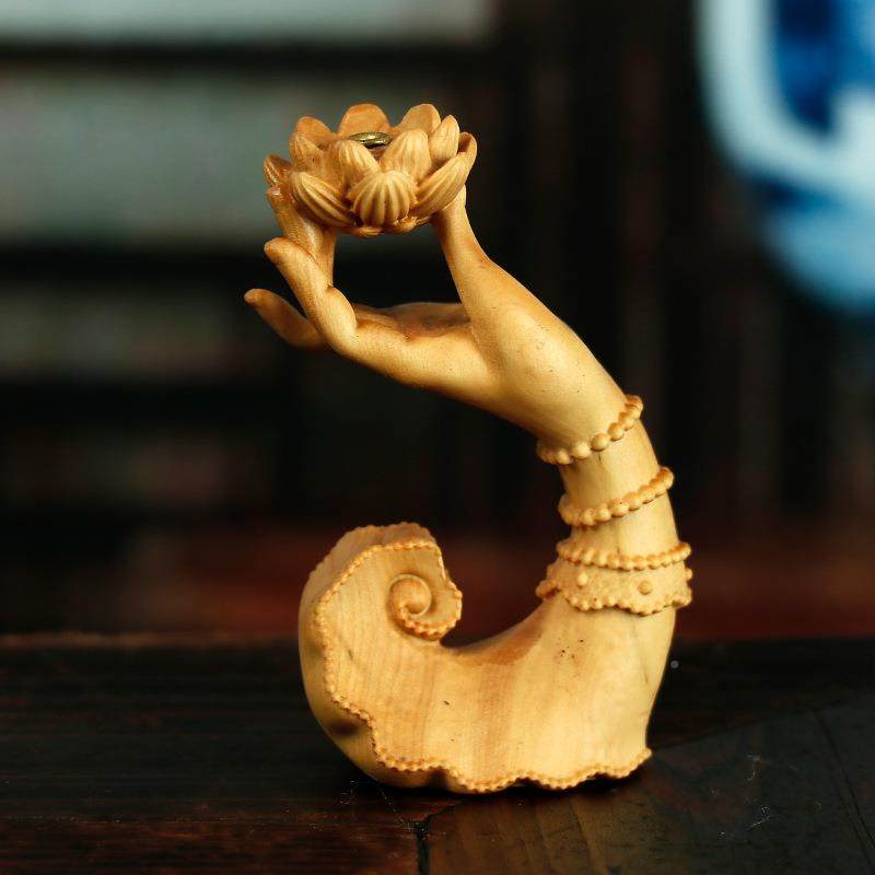 黄杨木手把件雕木禅质佛手莲花香插摆件茶道香道家艺居饰品工无品