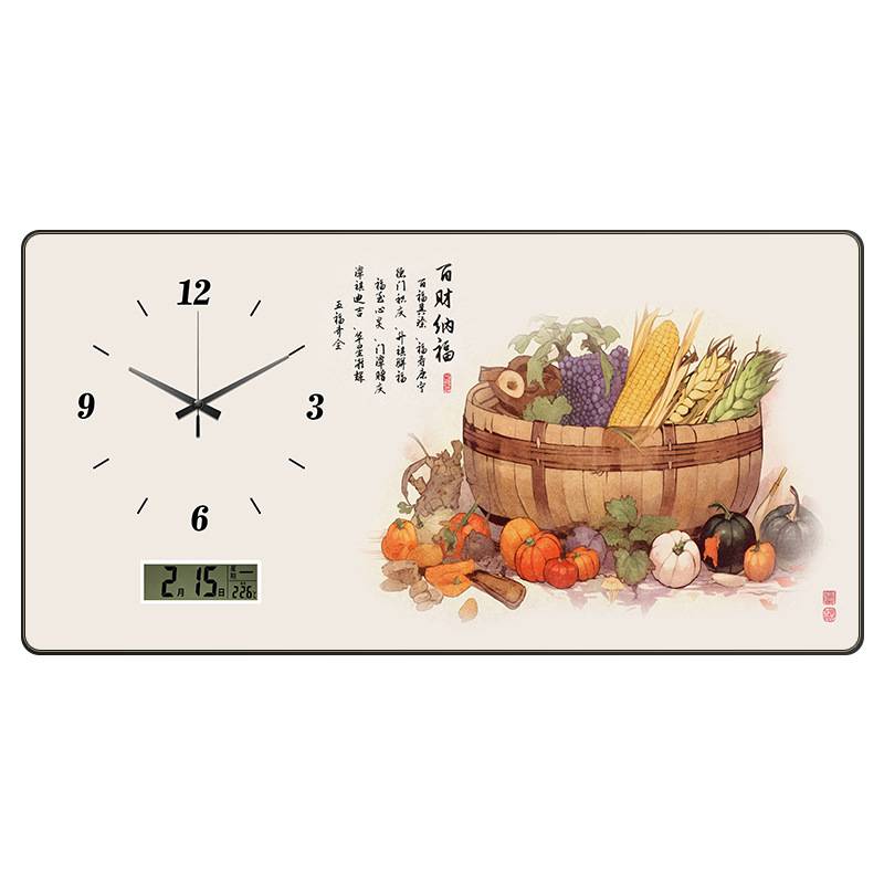百财纳福餐厅装饰画万年历电子钟新中式静音钟表挂钟客厅时钟壁画