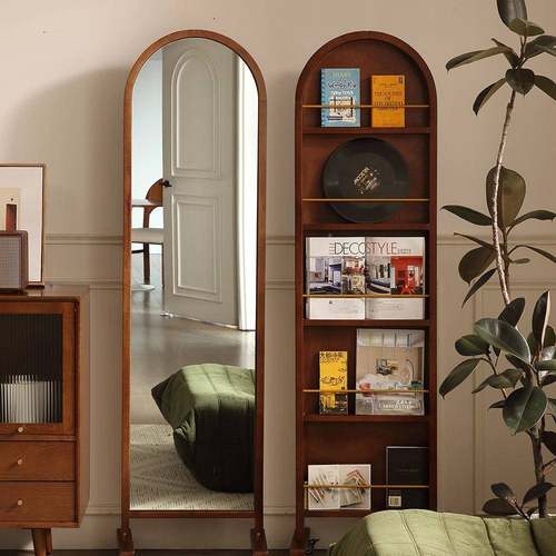 中复古穿RKD实木衣镜可移动全身置镜子转落地杂志旋书架收纳柜物