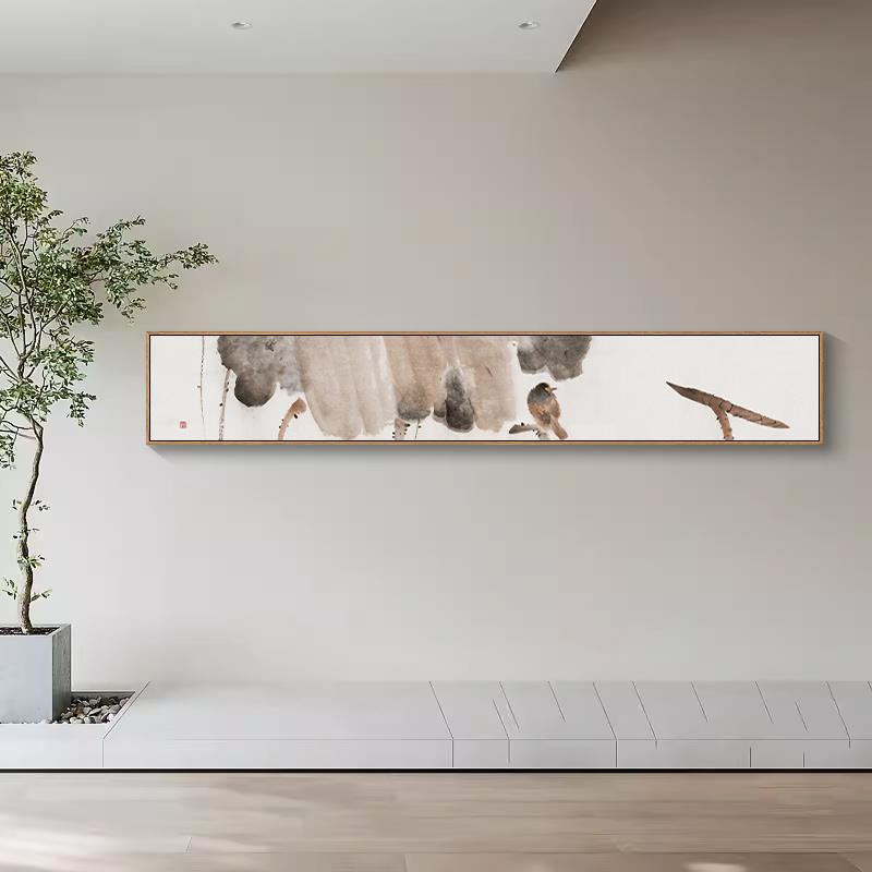 侘寂风水墨荷花装饰画日式横版极窄长条挂画客厅茶室背景墙画软装图片