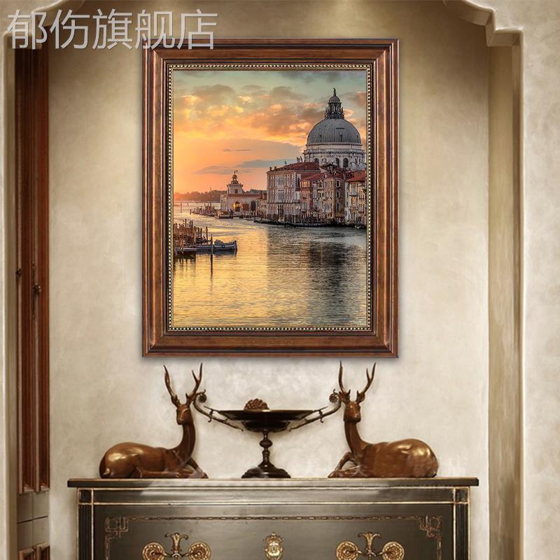 美式玄关装饰画客厅餐厅挂画竖走廊过道壁画欧式复古建筑风景油画图片