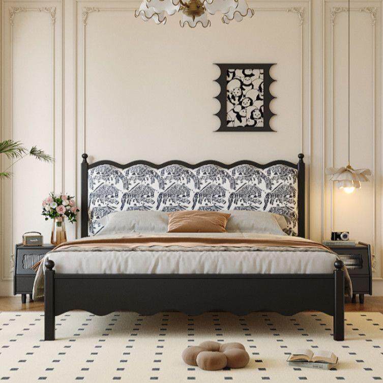 法式实木床现包代简约双人床黑色复古米5软靠1.8m风主WPK1卧中古