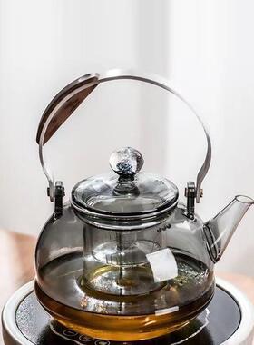 厂家硼硅玻璃泡壶耐热透茶明黑色体蒸煮一内高胆提梁壶明火703烧