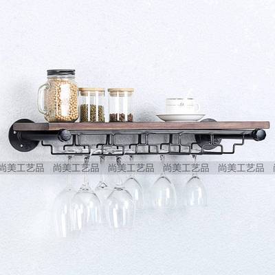 一字隔板色铁水艺管壁挂红酒墙收纳架复古实24in木搁板黑壁置物架