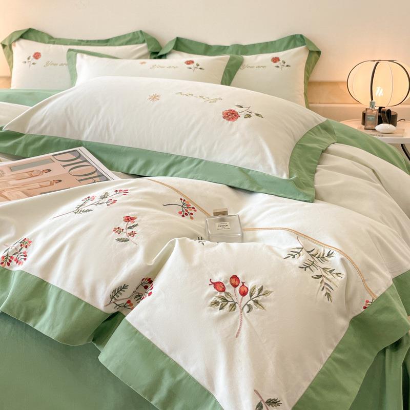 秋冬母婴级A类加厚纯棉磨毛棉件套刺绣花卉被套974轻全床上用奢四
