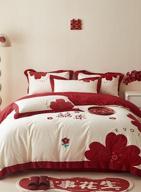 中新婚庆四式件套红色773用陪嫁婚被套高档结婚床备上品婚房喜被