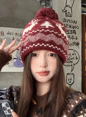 韩系提花针织帽子女秋冬季保暖加厚毛线帽骑行滑雪护耳帽女显脸小