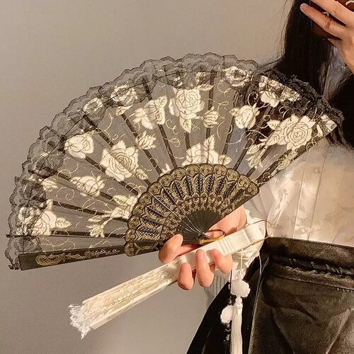 新中式白色蕾丝樱花折叠小扇子夏天国风古风舞蹈马面裙女拍照道具