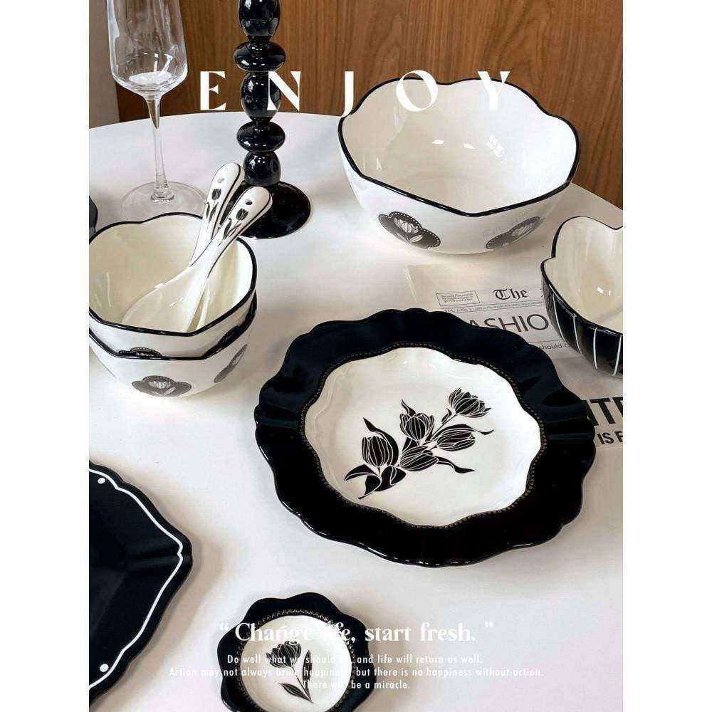 覆古郁金香陶瓷餐具集家庭碗和盘子黑色和白色高端餐盘饭碗乔装礼,餐饮具,餐具瓷器套装,淘宝优惠券,粉丝福利购,淘宝优惠卷