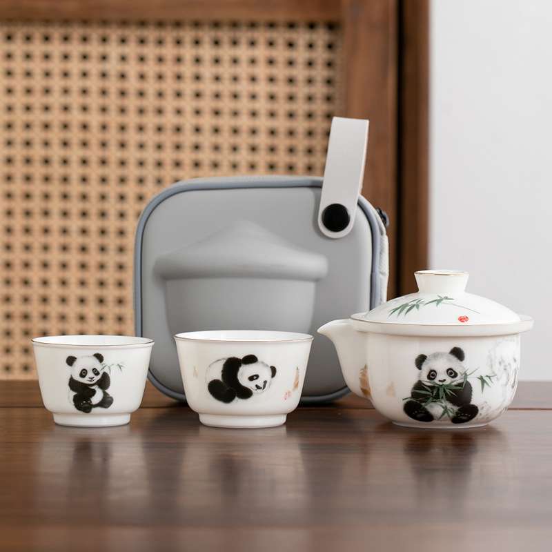 熊猫便携式快客杯一壶二杯个人专用手抓泡茶壶茶杯旅行茶具小套装