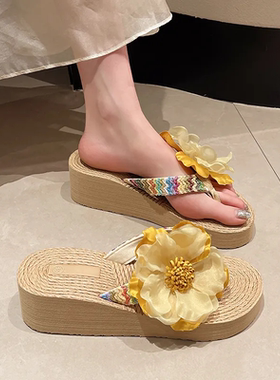 花朵夏季拖鞋时尚西双版纳厚底傣族人字拖沙滩鞋坡跟度假民族服装