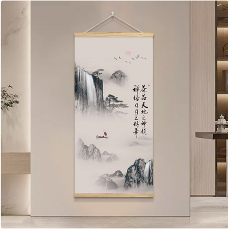 新款山水画挂布画办公室茶室新中式挂画客厅卧室名人字画挂画毯