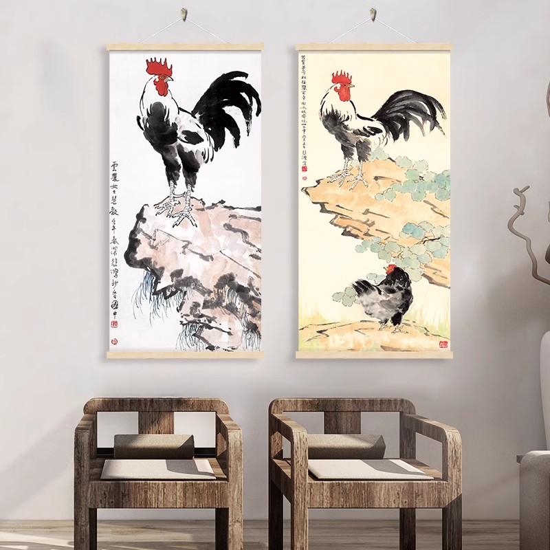 徐悲鸿挂画大公鸡装饰画雄鸡图水墨国画客厅玄关画书房茶室挂布画图片