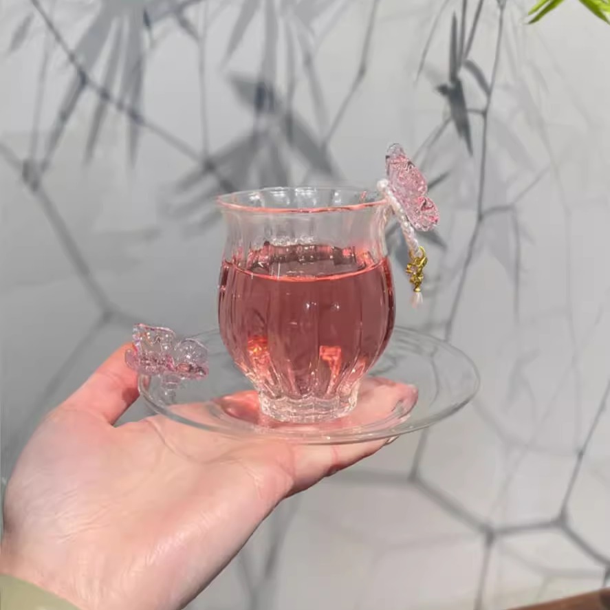 蝴蝶杯创意高颜值清透水仙杯高硼硅玻璃耐热耐高温透明手作莲花杯