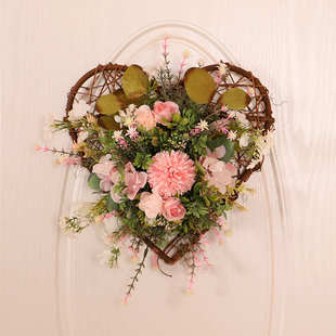 仿真花装饰挂件立体桃心球菊尤加利壁挂家居客厅挂壁手工木质藤编