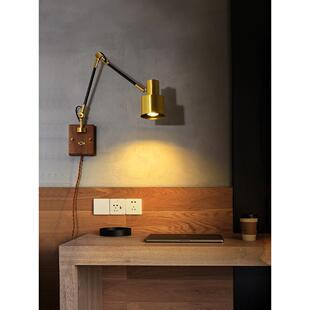 上新笨蛋覆古卧室床头灯北欧带开关胡桃木摇臂免接线创意个性壁灯