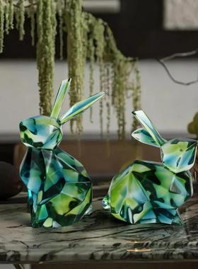 现代轻奢树脂梯度绿色可爱兔子高端艺术创意饰品家居桌面装饰