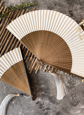 芷墨汉服古风竹柄折扇6寸穿面纸扇空白书画DIY扇子素面纯色白色
