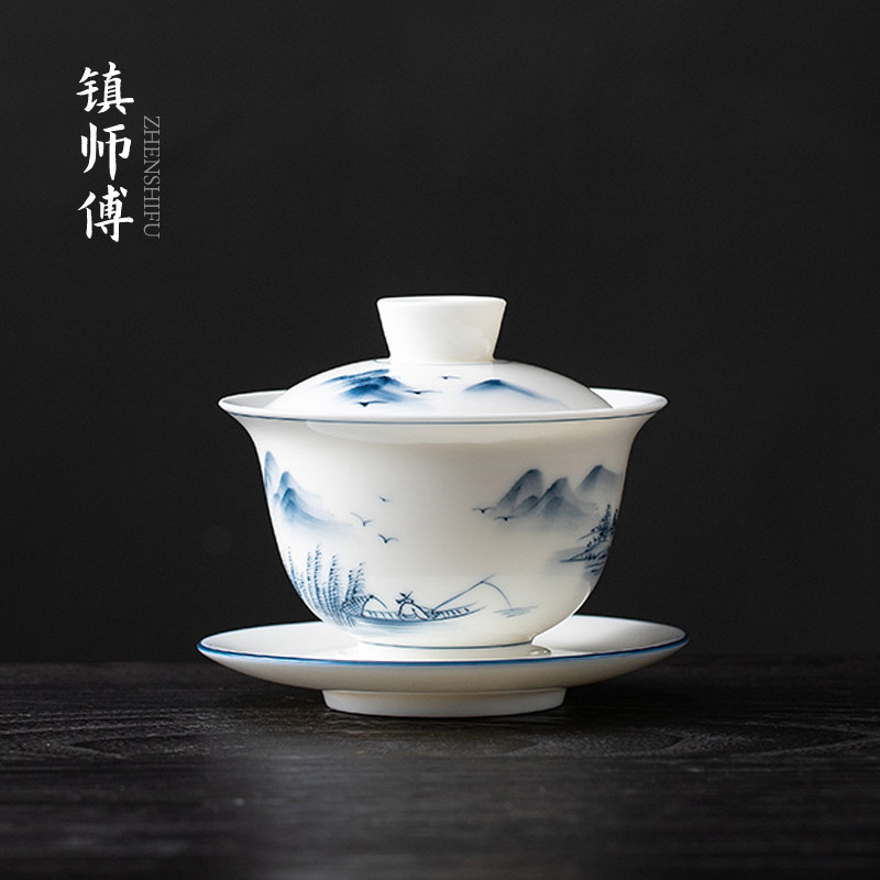 景德镇纯手绘手工悬停盖碗茶杯单个高端家用三才泡茶碗冲茶器防烫