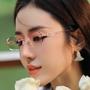 99010 美妆镜变色防蓝光平光无框 纯钛切边镶钻眼镜女款 镂空设计