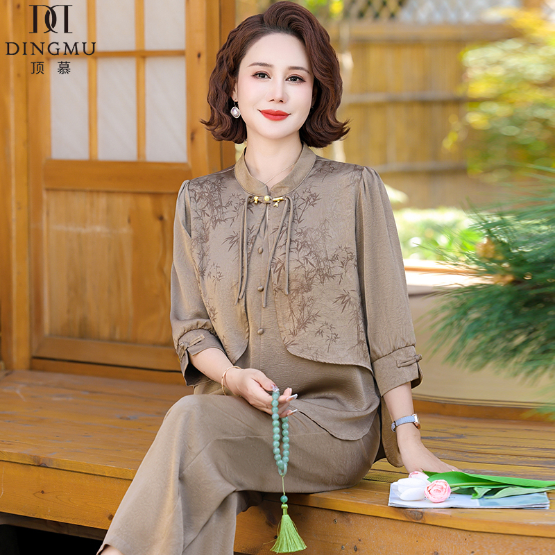 妈妈夏装2024新款贵夫人新中式国风套装洋气上衣中老年女初秋