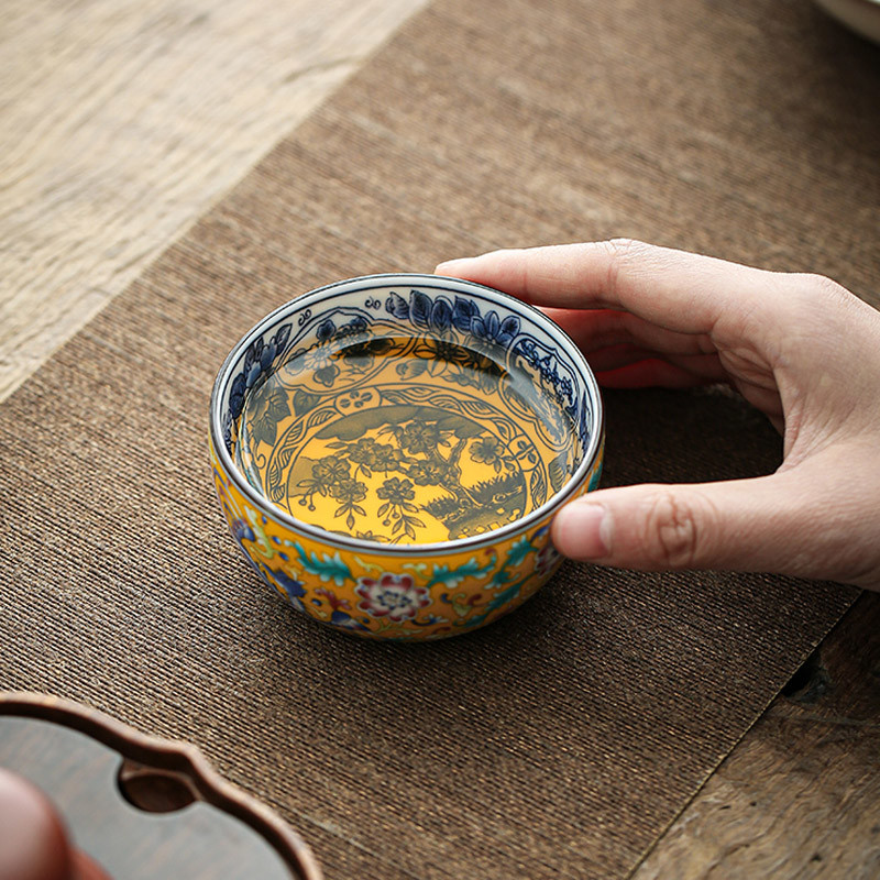 大号珐琅彩主人杯青花瓷茶杯复古手工扒花杯宫廷式喝茶杯子单个杯