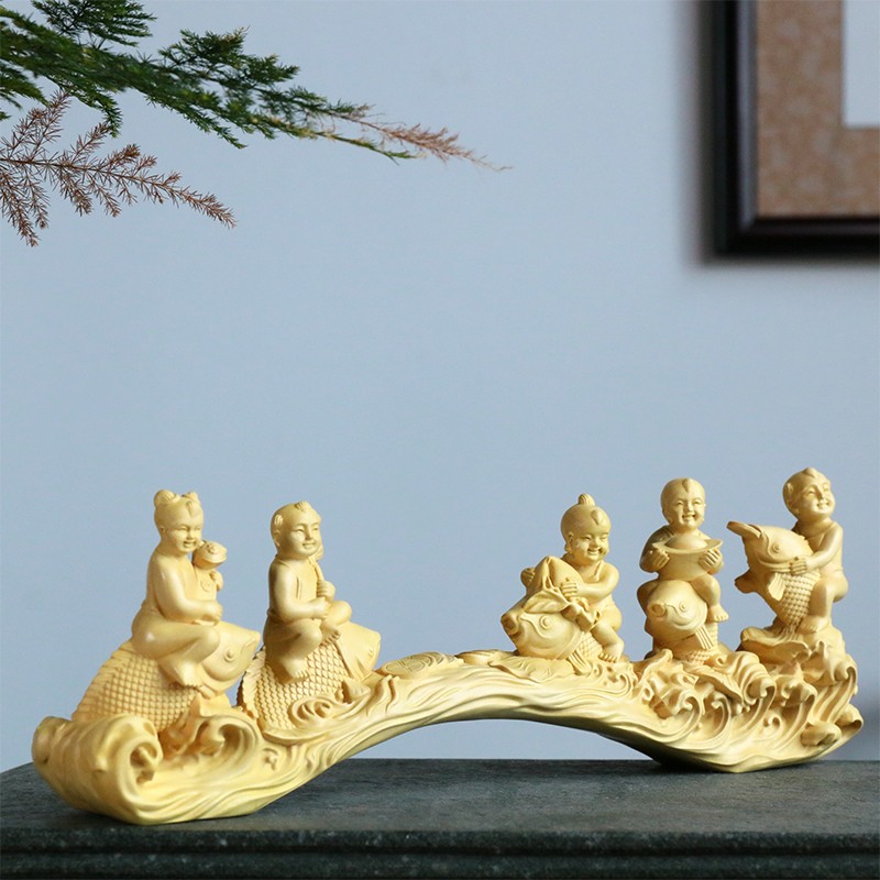 黄杨木雕摆件五子如意家居饰品实木雕刻工艺文化礼品收藏连年有余