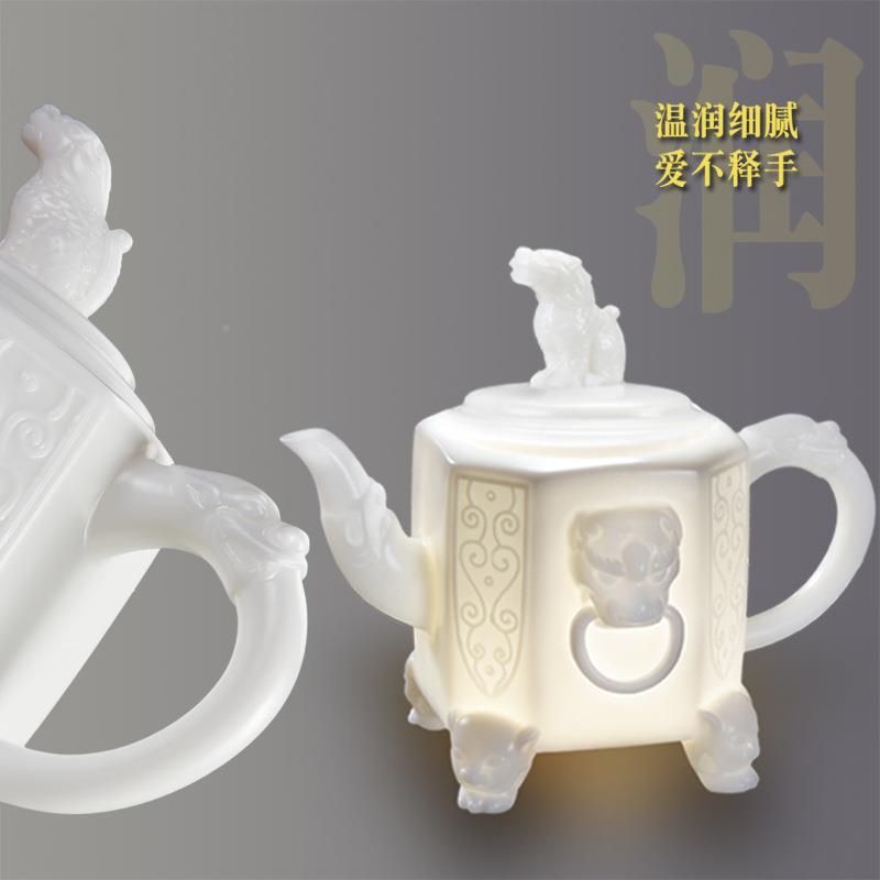 羊脂玉瓷茶壶单个纯工手家用泡茶器仿古貔貅功陶夫瓷WY-CHPIX茶白