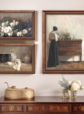 读书女子与静物花卉美式复古组合装饰画法式中古风古典挂画