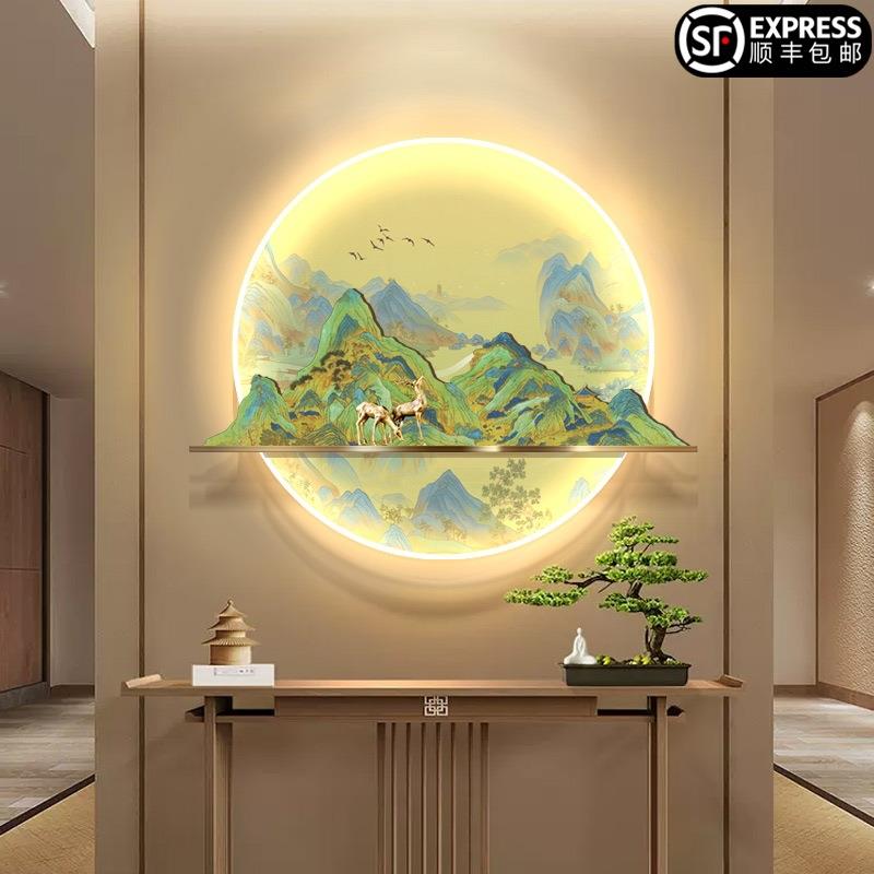 新中式复古圆形入户玄关装饰画带灯客厅屏风走廊过道茶室立体挂画图片