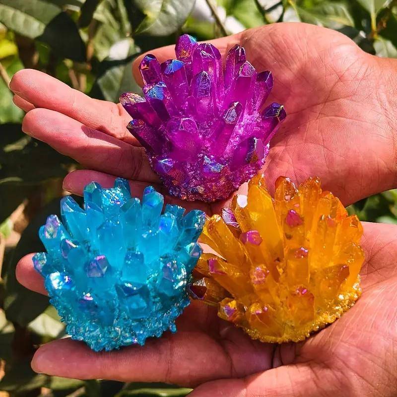 水白摆晶电镀水晶簇红粉绿多蓝色镀电镀晶簇彩水晶家居件水晶