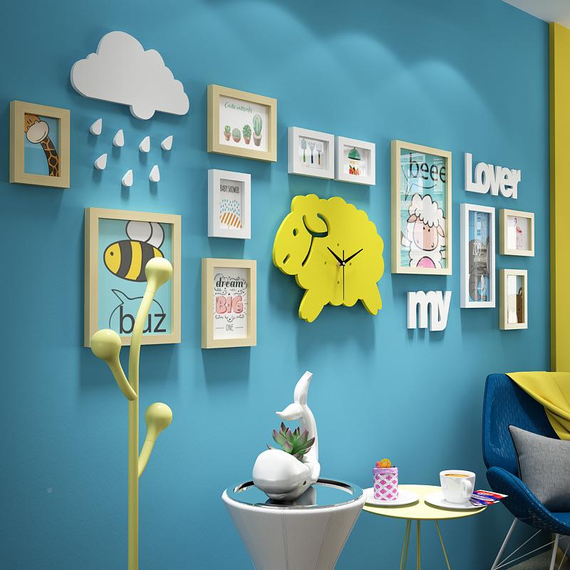 实木_637_卡通组实木2片墙儿童合照装饰画6372相框绵羊真钟表可换