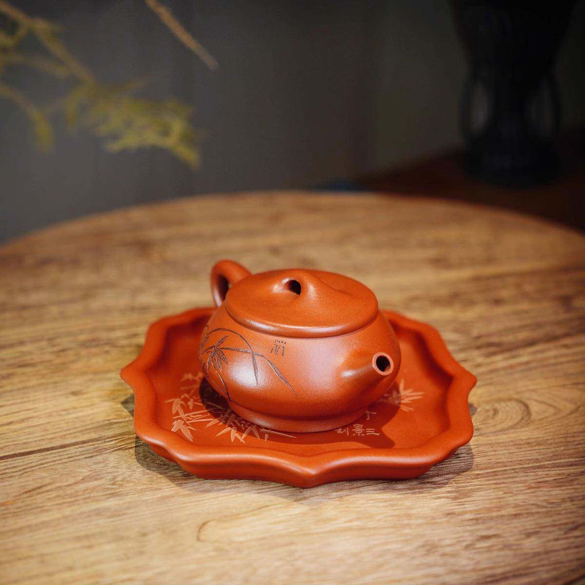 工雕紫砂壶刻善上若水砂紫泡茶壶家用手宜工茶具高底手石瓢壶兴紫