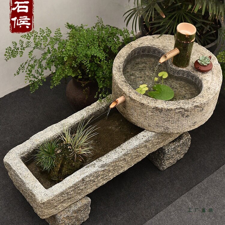 老石槽户外流水造景摆件庭院景观石磨水景旧石头鱼缸水槽阳台花盆