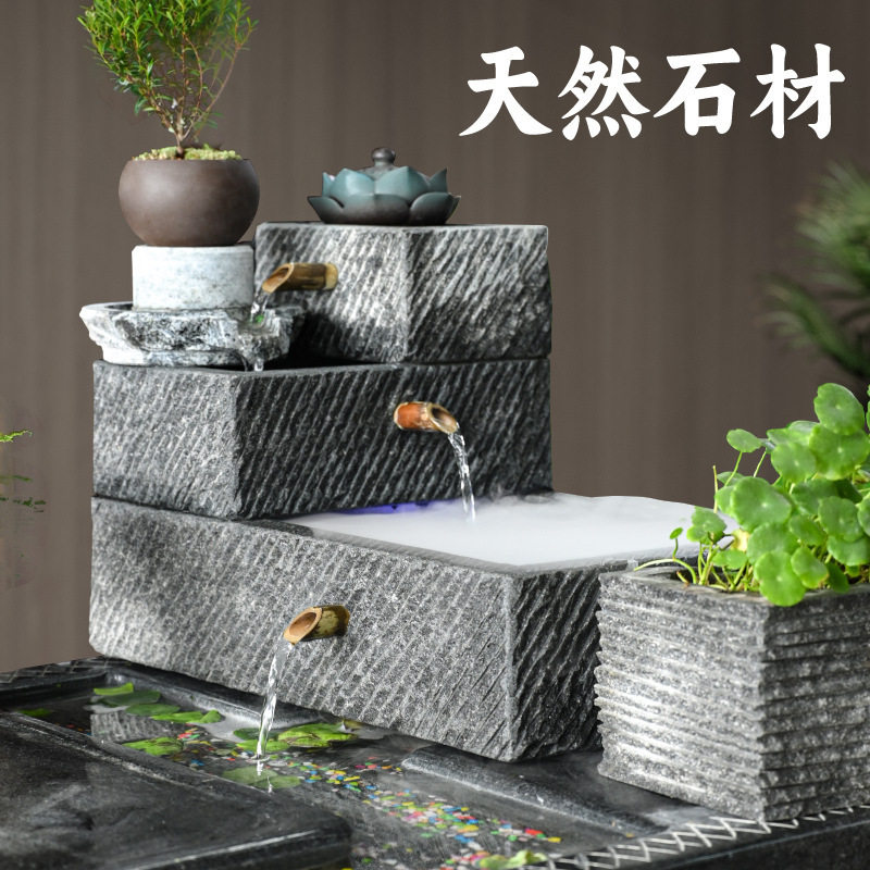 流水石槽石磨石头养花盆鱼缸青石雕刻工艺品办公室庭院中式摆件D&