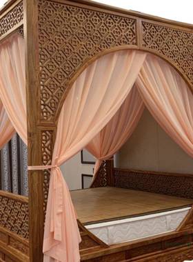 中明式清古典单双月拔洞步架子床丝血纱牙色柔肤装ZHL饰防蚊床幔