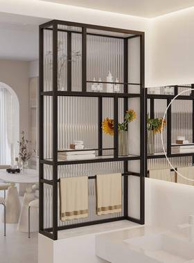 奶法式油风卫生间洗漱台区半干湿置物架玻璃水波纹墙屏BGG风隔断