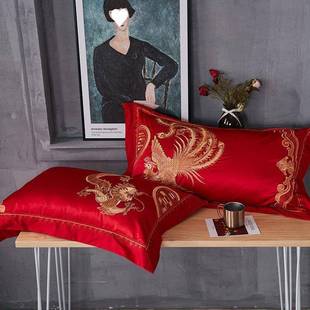 448x7套绣对花结婚婚庆刺绣一人单枕套喜庆纯棉装大红色AL101236