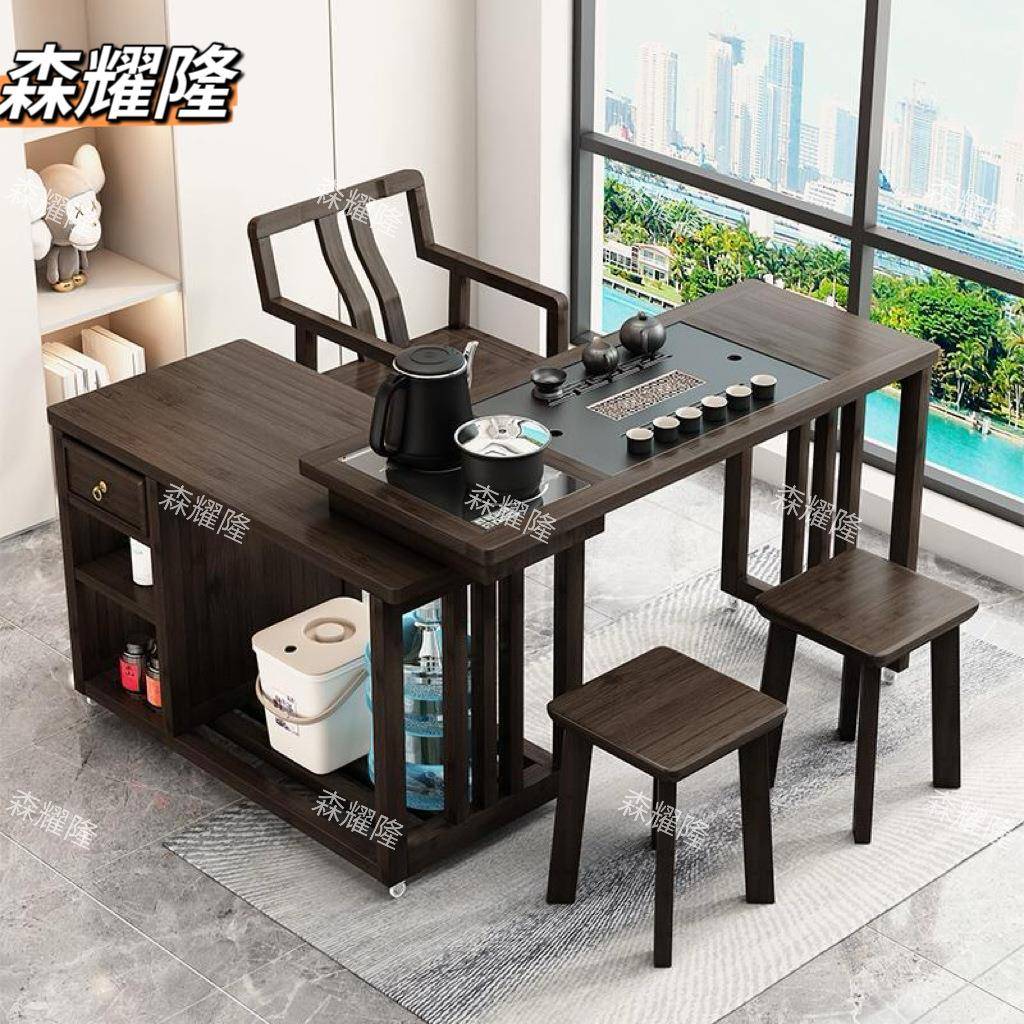 旋转茶桌阳台家用移动茶台喝茶桌椅组合一体小型茶几具烧水壶套装